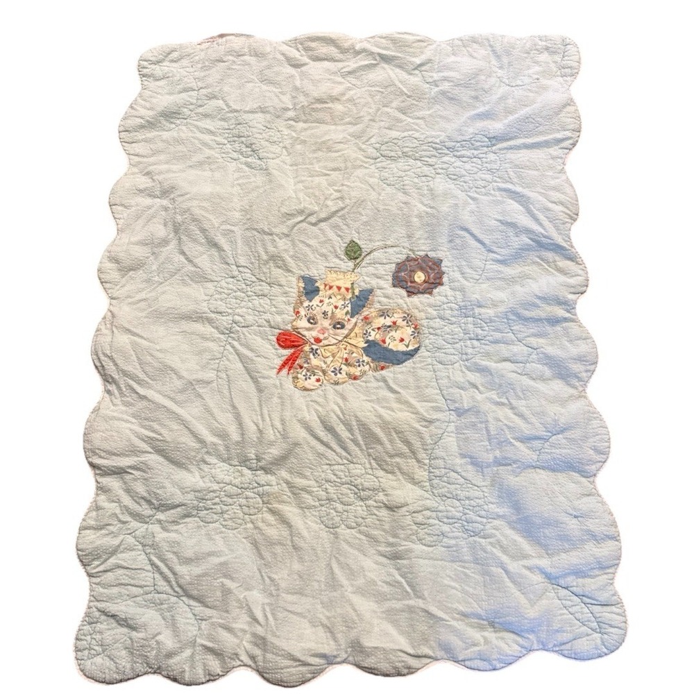 VTG Handmade Quilt Cat Kitten Appliqué 44" X 33" Light Blue